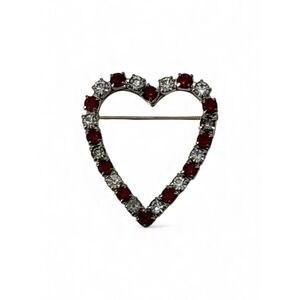 Vintage Silver and Gold Tone Red Clear Rhinestone Love Heart Brooch Pin
